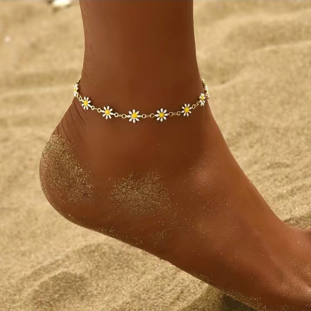 White Daisies Flower Beads Chain Anklet 14K Gold Plated Alloy Ankle Bracelet NEW